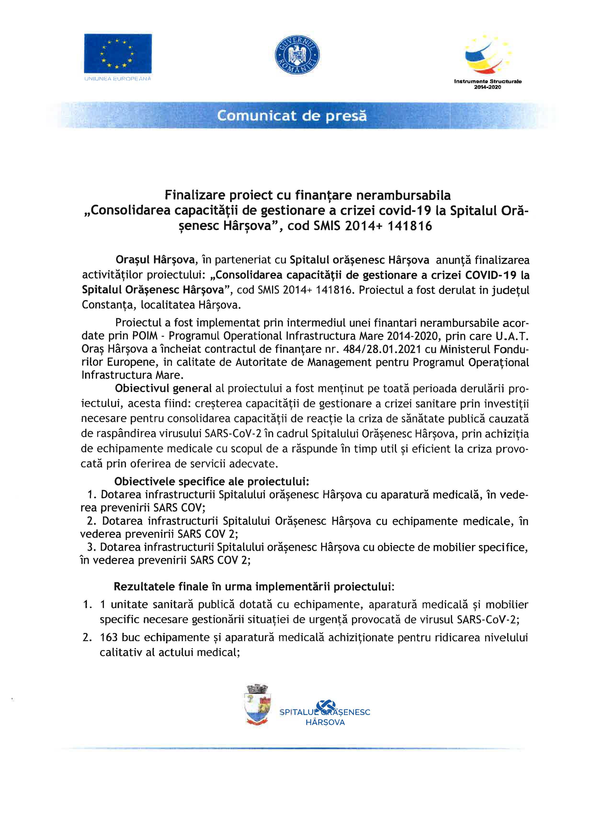 Finalizare proiect cu finanțare nerambursabilă ``Consolidarea capacității de gestionare a crizei covid-19 la Spitalul Orășenesc Hârșova``, cod SMIS 2014 + 141816